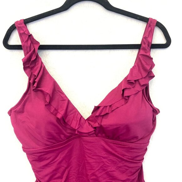 Lauren Ralph Lauren Ruffle Ruched One Piece Swimsuit 16 Fuchsia Pink Slimming - Picture 3 of 14